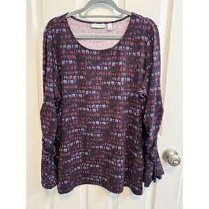 Susan Graver XL Top Blue Pink Long Ruched Flared Sleeves Round Neck New